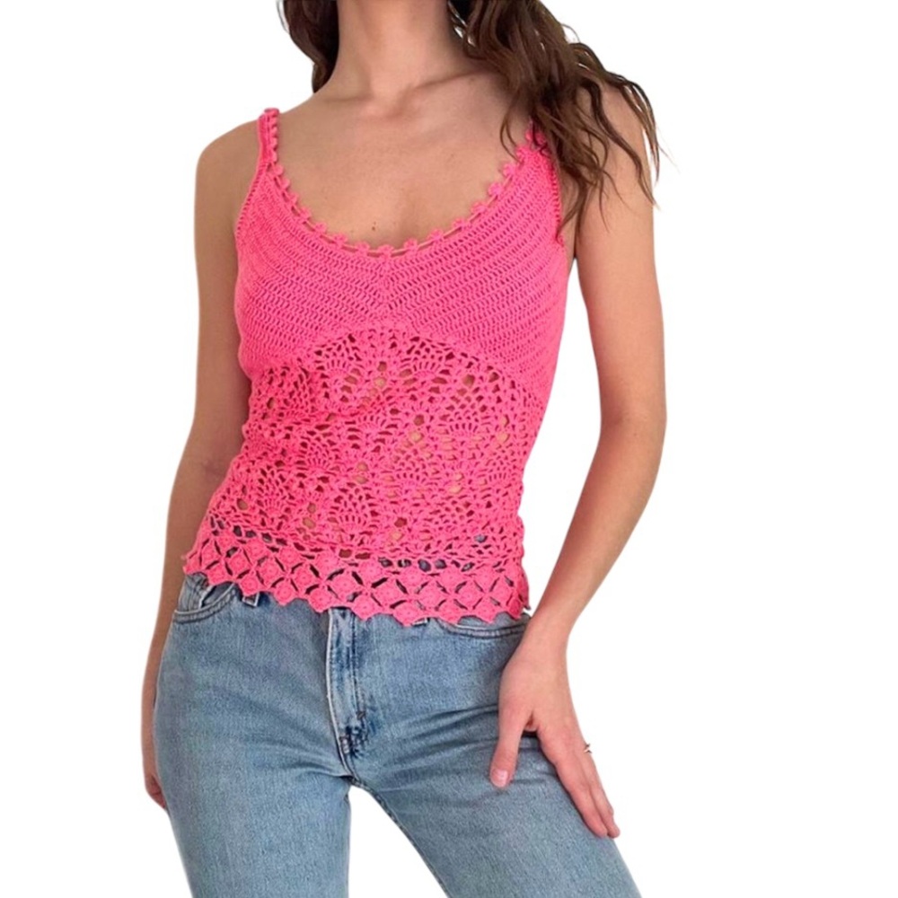 Vintage Express Handknitted Crohet‎ Pink Camisole Coquette Girl Wimsy Goth Y2K